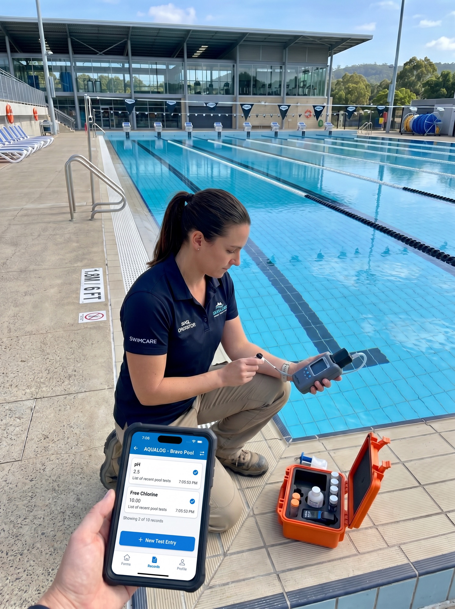 A pool operator in a navy polo crouched at the edge of a commercial swimming pool, calibrating a chemistry meter, with a phone in the foreground showing recent pool test entries