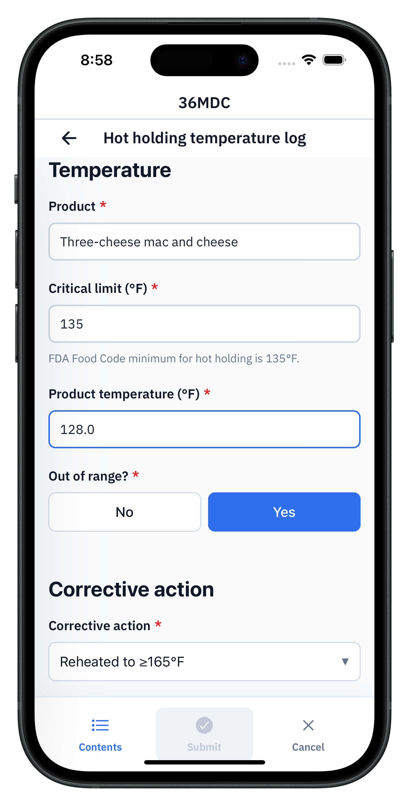 36MDC hot holding temperature log open on a phone, showing three-cheese mac and cheese at 128°F against a 135°F critical limit, with the out-of-range toggle set to Yes and a corrective-action dropdown showing 'Reheated to ≥165°F'