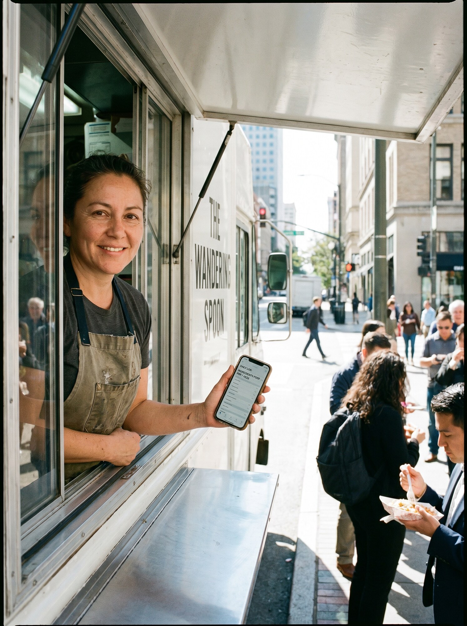 A food-truck operator in an apron leaning out of the service window of a parked food truck on a downtown street at lunch hour, holding a phone that shows a checklist UI, with customers walking past and high-rise buildings in the background