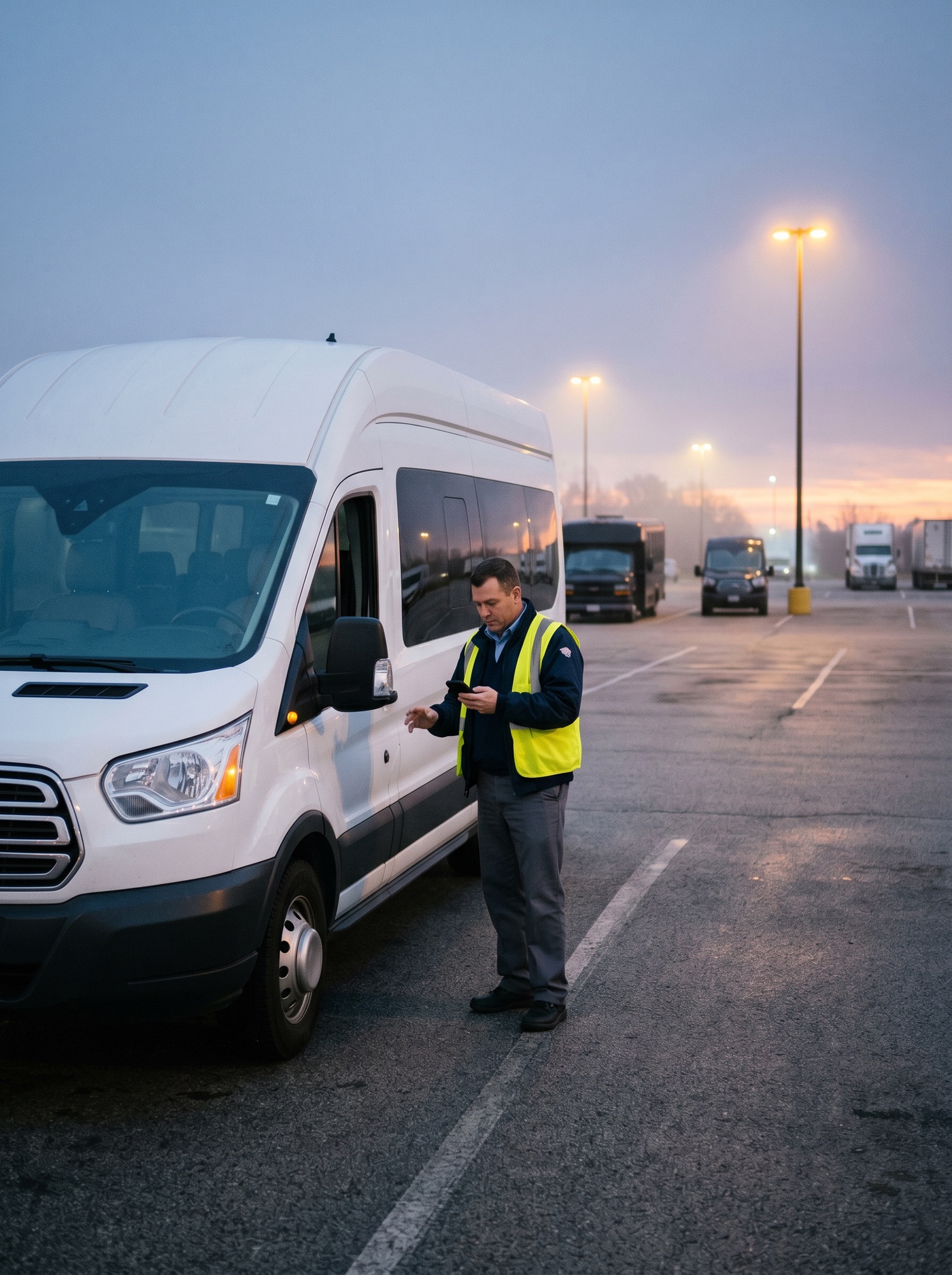 A driver in a high-visibility vest standing next to a Ford Transit van in a lot at dawn, completing a pre-trip inspection on a phone, with other vehicles and lot lights behind him