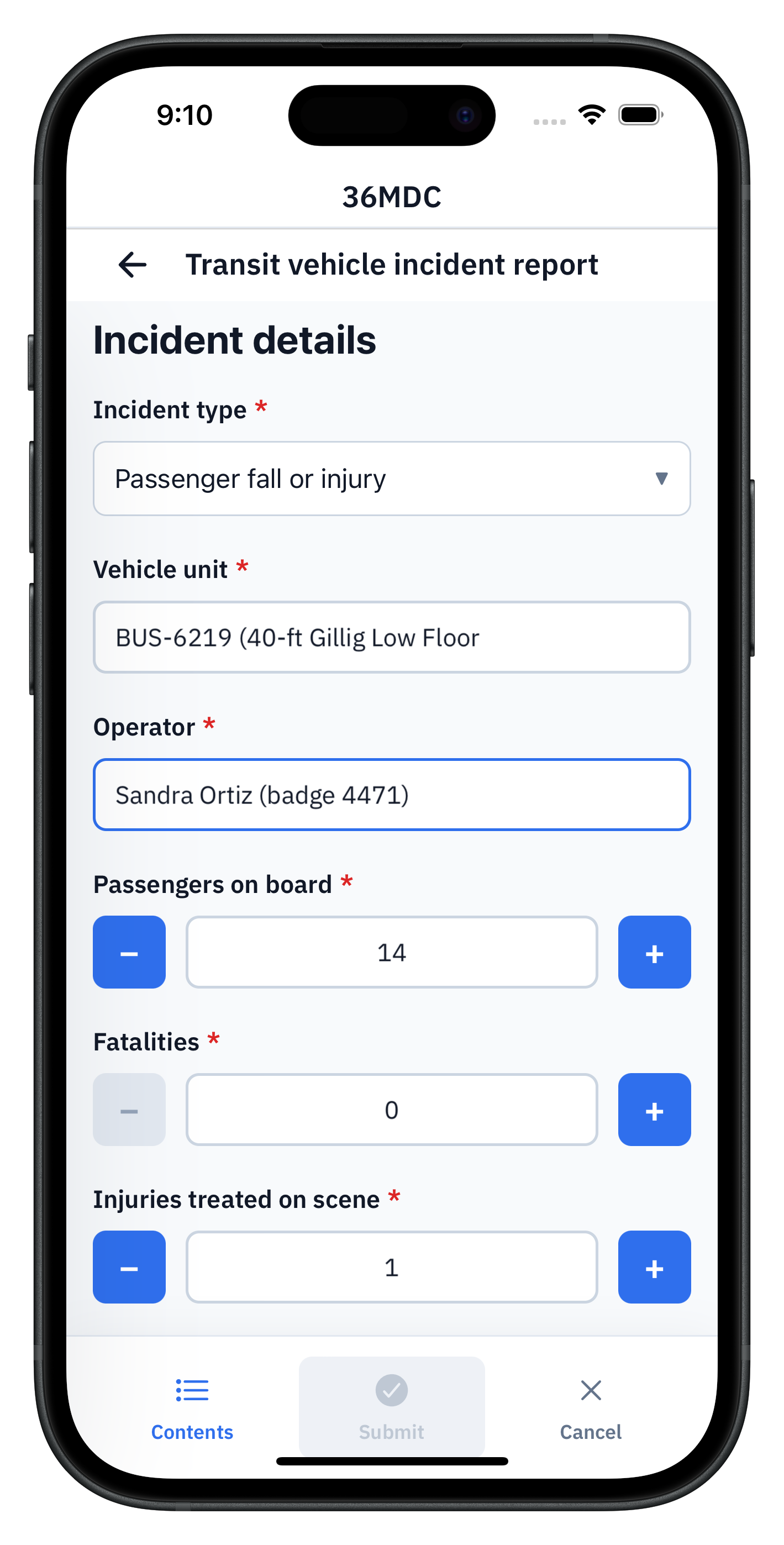 36MDC transit vehicle incident report on a phone, showing incident type set to Passenger fall or injury, vehicle unit BUS-6219 (40-ft Gillig Low Floor), operator Sandra Ortiz, 14 passengers on board, 0 fatalities, and 1 injury treated on scene
