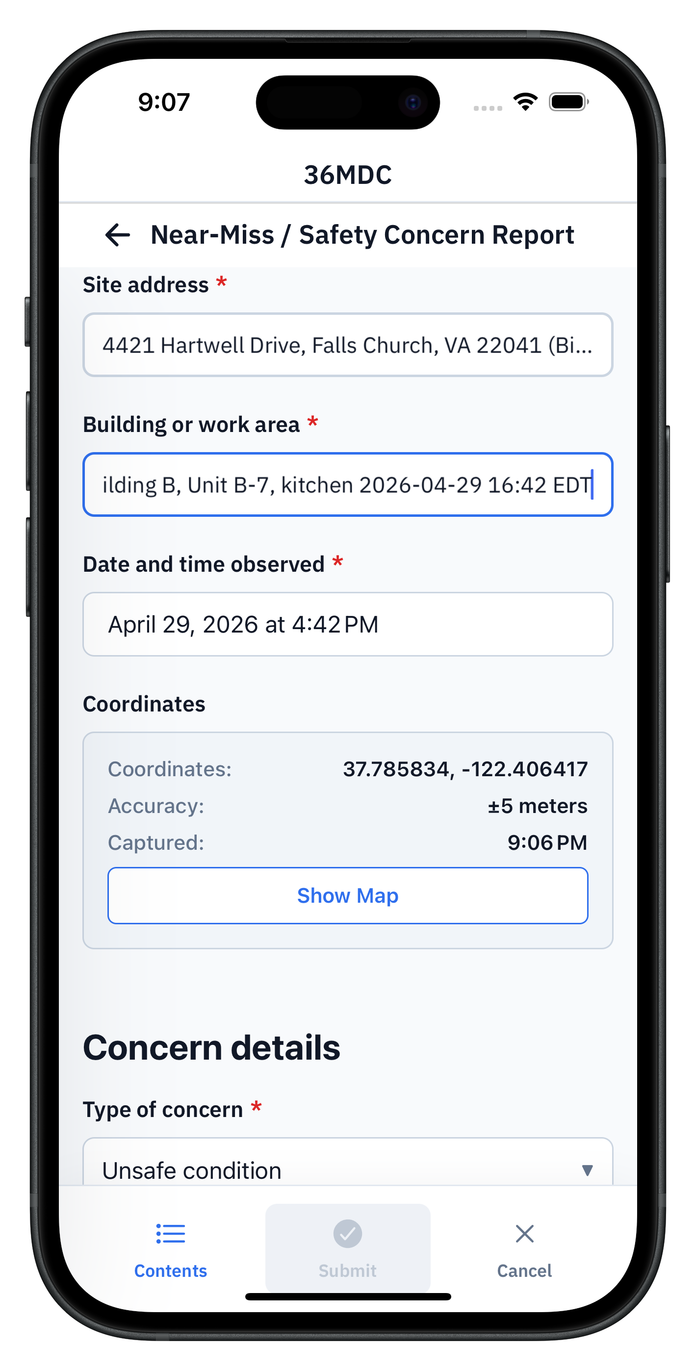 36MDC near-miss / safety concern report on a phone, showing site address, building or work area, date and time observed, captured GPS coordinates with accuracy, and the start of the concern-details section with type set to Unsafe condition