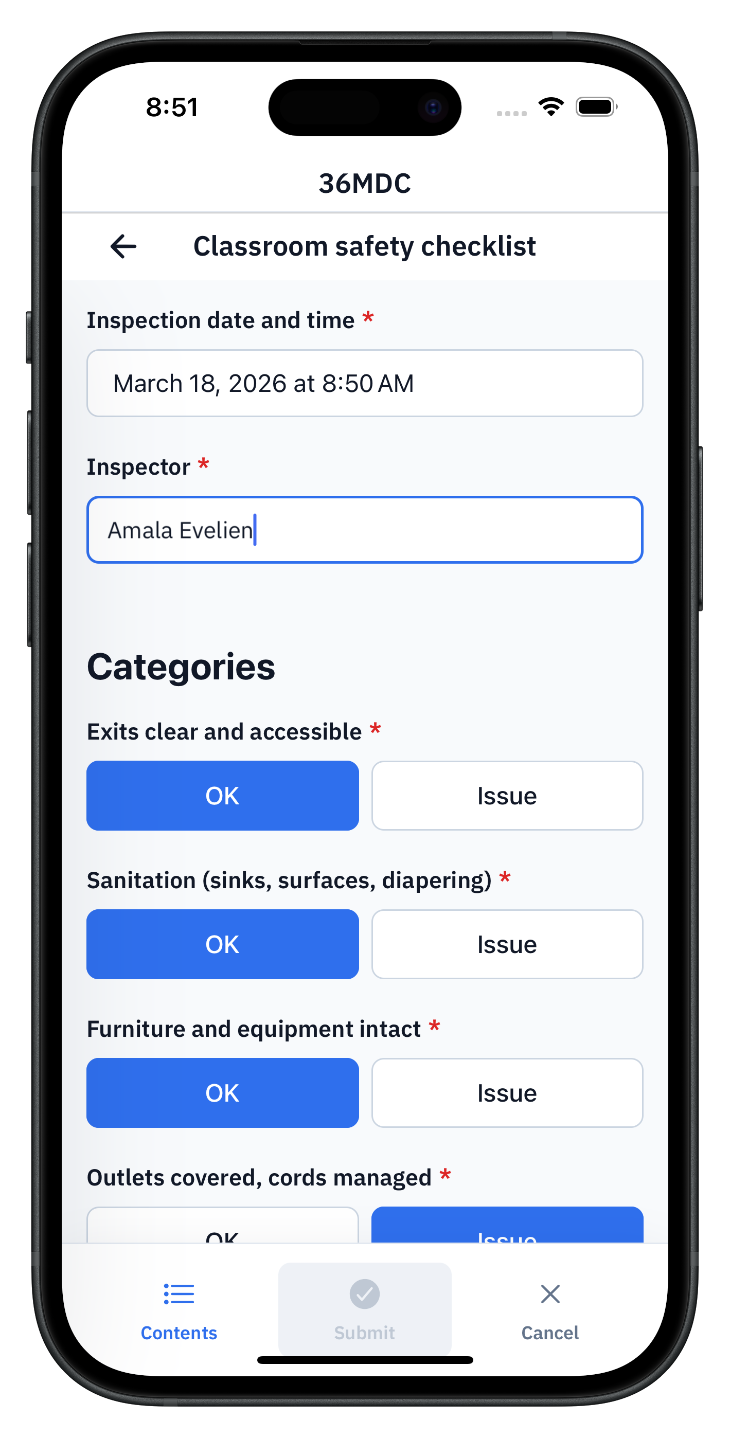 36MDC classroom safety checklist on a phone, with inspection date and time, inspector Amala Evelien, and OK / Issue toggles for exits, sanitation, furniture and equipment, and outlet covers