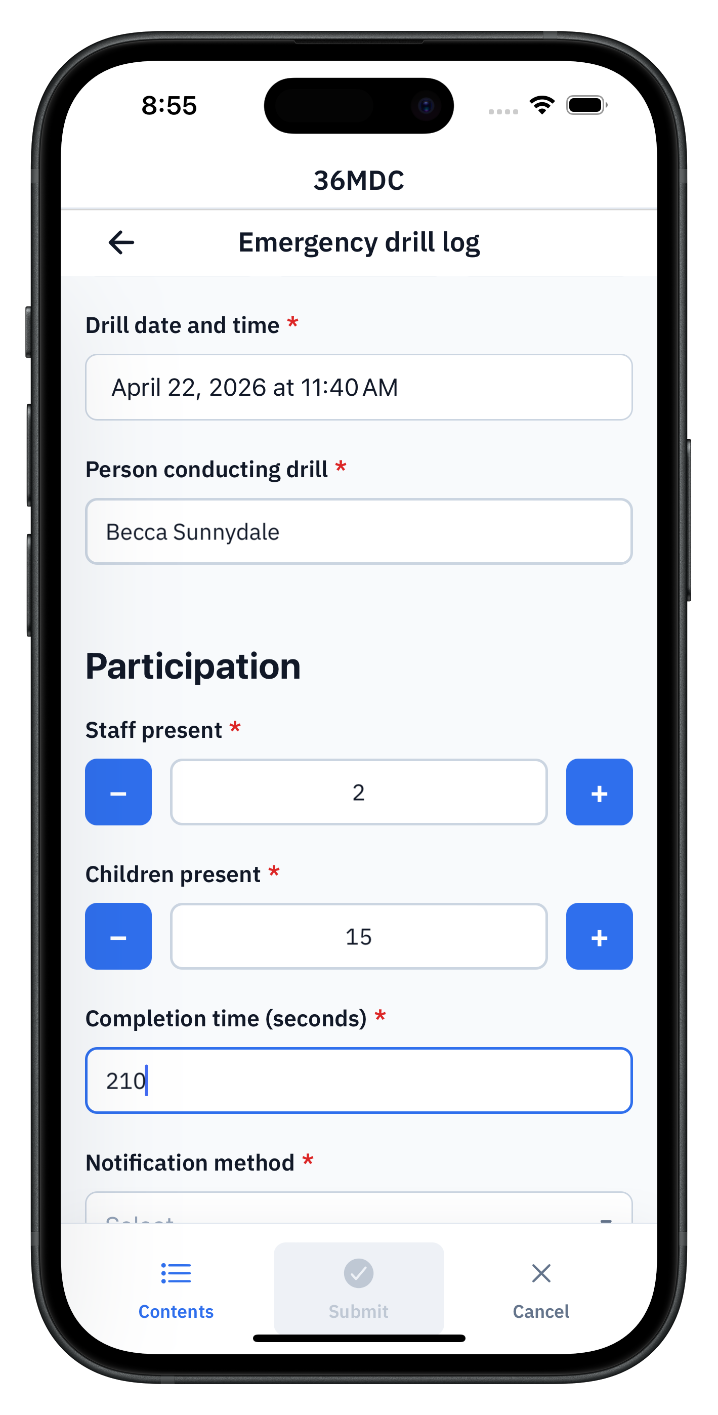 36MDC emergency drill log on a phone, with drill date and time, person conducting drill (Becca Sunnydale), staff and children present tally inputs, and a 210-second completion time